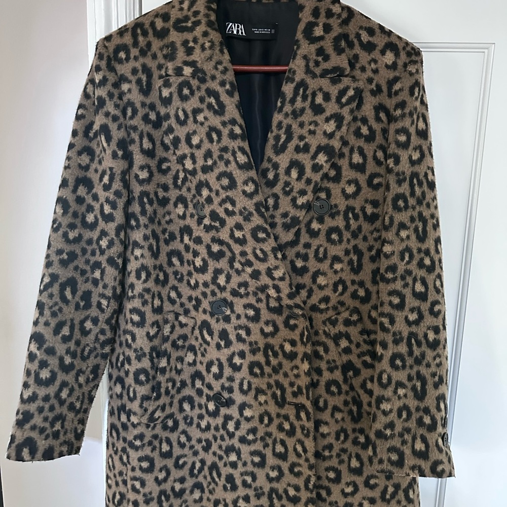 Zara Leopard Print Double-Breasted Coat - Tan & Black